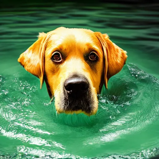 Image similar to dog swimming in green acid, 4k animal photography award-winning