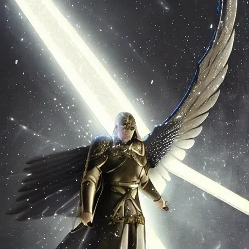 Prompt: An archangel man standing in a medieval battlefield points a white fantasy sword towards the sky with a beacon of light coming down to refract off of the swords tip into shattered beam fragments around his body