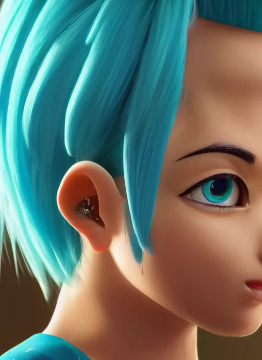 Image similar to portrait of bulma with turquoise hair, big brown eyes, and a blue dress, intricate jewelry, genshin impact, realistic anime, sharp focus, octane render, trending on artstation, 8k