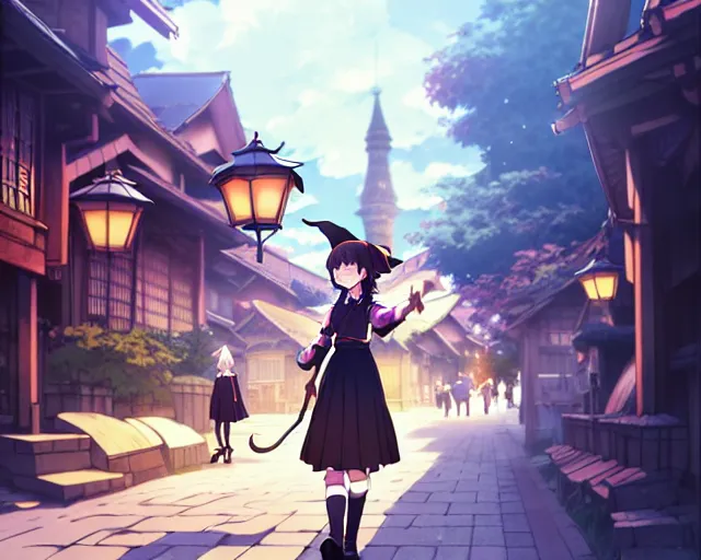 Prompt: key anime visual portrait of a young female witch walking through a busy fantasy village, ilya kuvshinov, dynamic pose, dynamic perspective, cinematic, dramatic lighting, muted colors, detailed silhouette, textured, anime proportions, kyoto animation, haibane renmei, niea under 7, yoh yoshinari