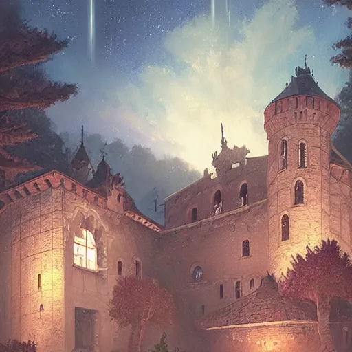 Image similar to a renaissance castle in a forest with a glowing night sky, upward angle, by krenz cushart