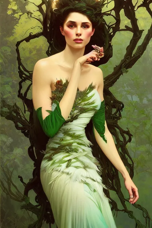 Prompt: highly detailed oil painting, ombre velvet gown, beautiful elegant dryad, beautiful face by leyendecker, feathers, long hair, muted green, dozens of jeweled necklaces, by greg rutkowski, brom, anato finnstark, alphonse mucha, cinematic lighting