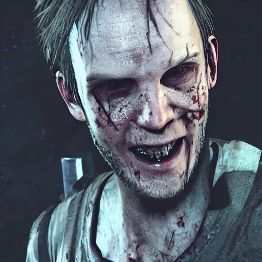 Image similar to jack baker from resident evil 7 ( 2 0 1 7 ) wielding axe, slasher smile, cinematic lighting, eerie atmosphere, re engine render, photorealistic face