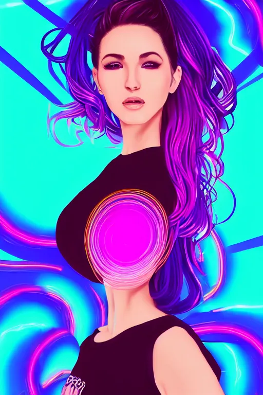 Image similar to a award winning half body portrait of a beautiful woman in a croptop and cargo pants with ombre purple pink teal hairstyle surrounded by whirling illuminated lines, outrun, vaporware, shaded flat illustration, digital art, trending on artstation, highly detailed, fine detail, intricate