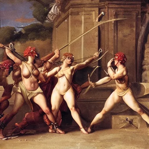 Prompt: muscular warrior women doing glorious battle in ritualistic combat, roman coliseum, female gladiator, neoclassical art