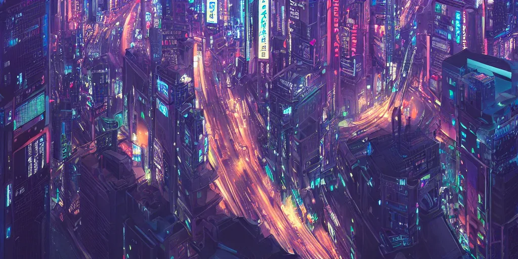 Prompt: A beautiful matte Masterpiece of futuristic Tokyo at night by Beeple and RHADS, Trending on Artstation , featured on behance, intricate, rectilinear, ultrawide angle.