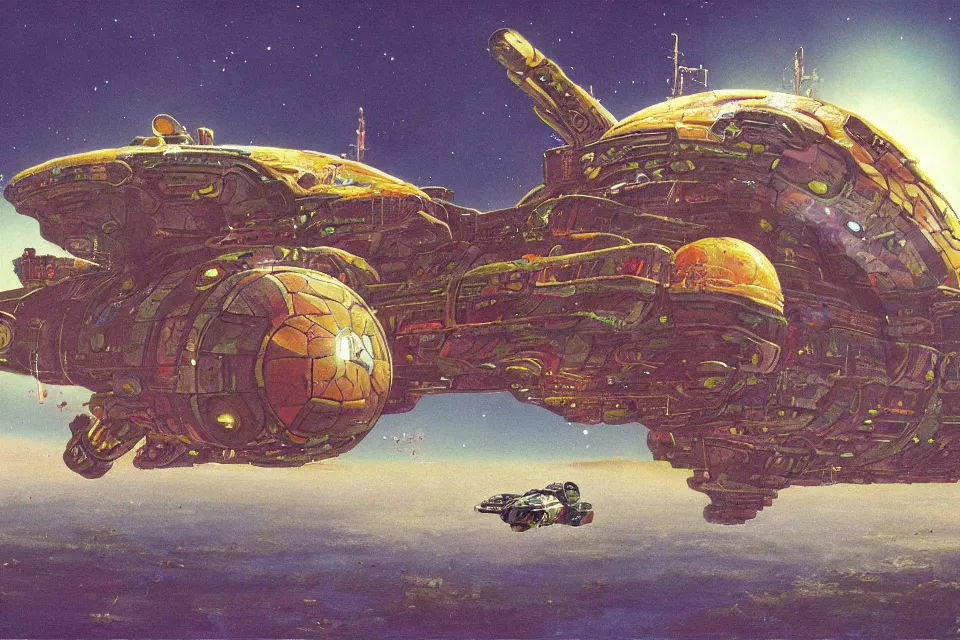 Image similar to an epic chris foss painting of a biological turtle spaceship.