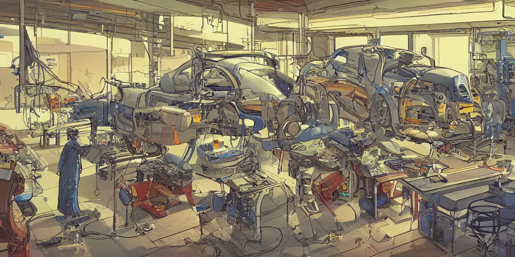 Image similar to an illustration of a mechanics workshop. interior. science fiction art. moebius. futuristic. high detail. digital painting.