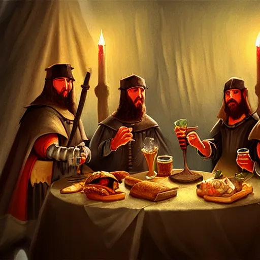 Image similar to medieval feast with drinking, artstation, fantasy