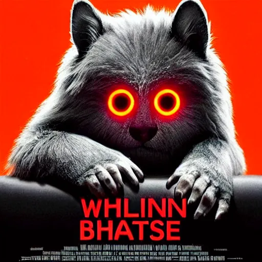 Prompt: a movie poster of You lying in bed, trying to get to sleep, when you hear a scratching noise coming from the other side of the room. You try to ignore it, but the noise gets louder and more persistent until you finally sit up and look over to see a large, furry creature with glowing red eyes standing at the edge of your bed, looking at you hungrily, 8k, surrealistic digital still image, in the style of Keith Thompson and Michael Whelan