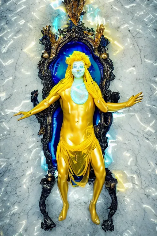 Image similar to photo of fullbody rococo and cyberpunk delicate neon crystalline sculpture of seductive muscular onyx albino marble prince camilo echeverry teal iridescent humanoid deity wearing yellow plastic hooded cloak holding an onyx skull in a onyx space dungeon, reclining, glowing yellow face, crown of white diamonds, cinematic lighting, photorealistic, octane render 8 k depth of field 3 d