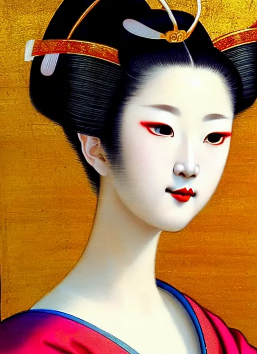 Prompt: sexy glamorous young Geisha portrait, beautiful pale makeup, pearlescent skin, elegant pose, very detailed, highly detailed kimono, photorealism, sharp focus, soft diffuse autumn lights, some sunlight ray, zen temple background, painted by Leonardo da vinci and moebius and Boucher
