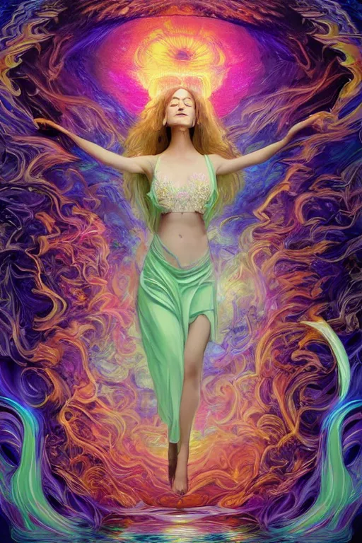 Image similar to overdetailed maximalist fullbody portrait of a beautiful female energy being transcending to her true form while floating over a surreal landscape. Made by oozium, inspired by silvio vieira, overpainted by loish. 8k 3d realistic render. Bright, sacred, spiritual, dawn, backlit, calm, relaxed, dynamic, ethereal, arcane, intricate, mysterious, dramatic, cinematic. Seen from below. Overpaint by phazed and erica robin. Artstation, deviantart, vagallery.com