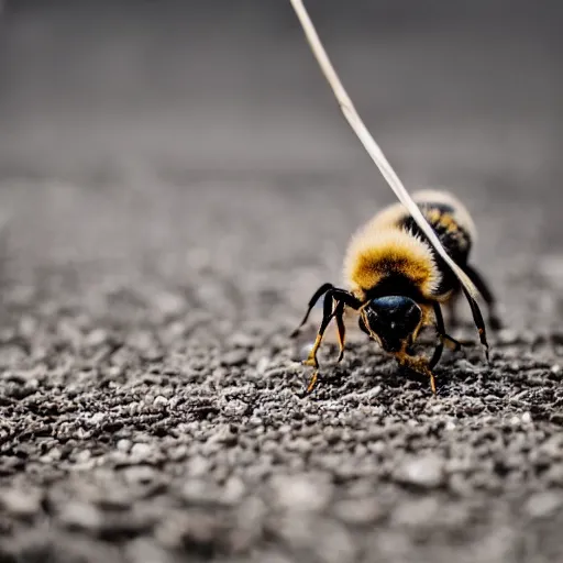 Prompt: dog stepping on a dead bee on the concrete ground, close up, macro, dslr photography