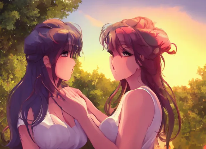Image similar to two beautiful mothers outside on a hot summer evening, gorgeous faces, thick lines, cinematic lighting, detailed anime art