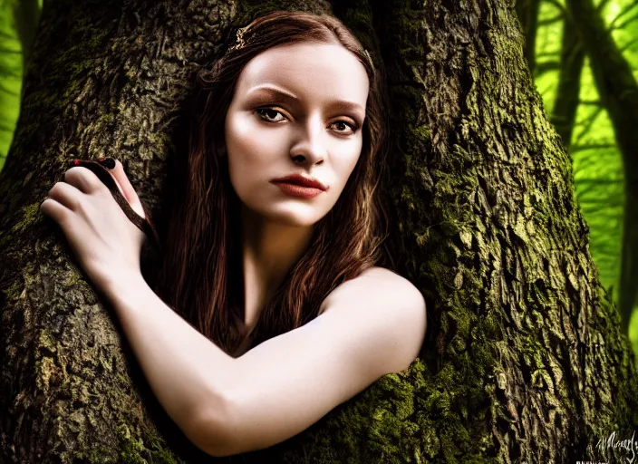 Image similar to a portrait of a real woman growing from a tree, in a magical forest. Fantasy magic horror style. Highly detailed 8k. Intricate. Nikon d850 55mm. Award winning photography.