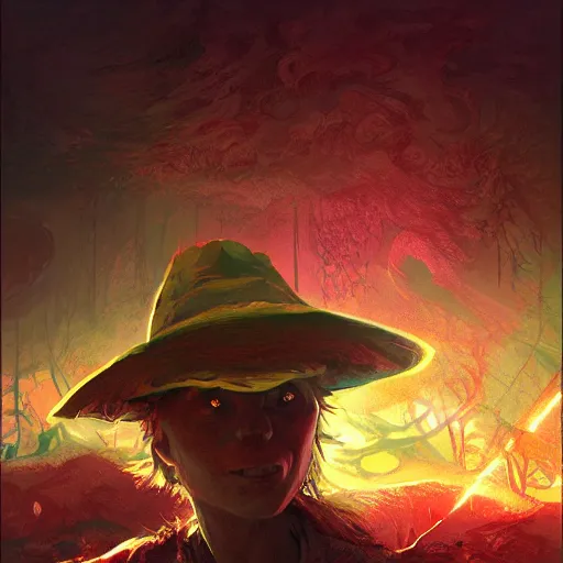 Image similar to snufkin in hell, digital illustration portrait design, by android jones and greg rutkowski, retrowave color scheme, detailed, cinematic lighting, wide angle action dynamic portrait