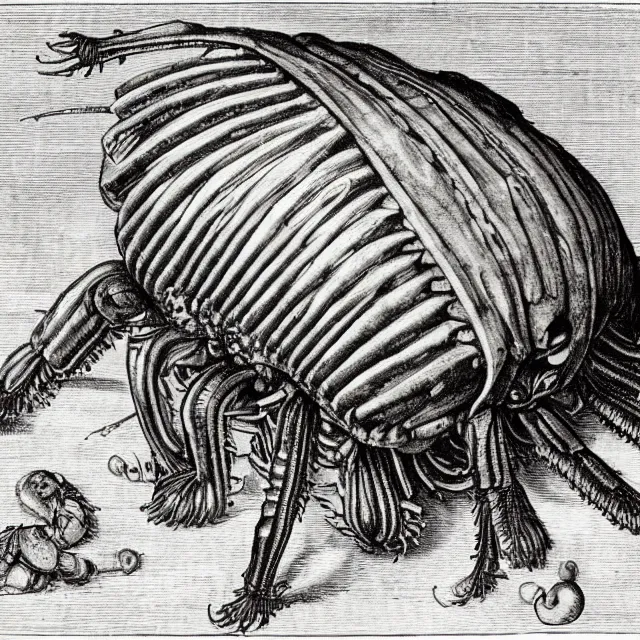 Image similar to a detailed, intricate drawing of a giant isopod on a beach, by albrecht durer