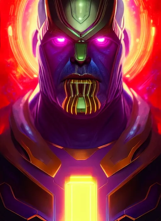 Image similar to symmetry portrait of thanos, sci - fi, tech wear, glowing lights intricate, elegant, highly detailed, digital painting, artstation, concept art, smooth, sharp focus, illustration, art by artgerm and greg rutkowski and alphonse mucha