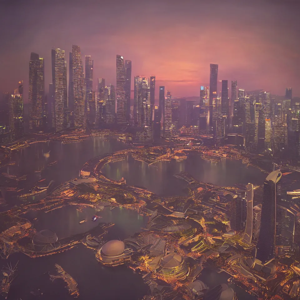 Image similar to a detailed futuristic painting of the Marina Bay Sands in Singapore at dusk. By Robert Bechtle, Paul Kratter, Geri Keary, Simon Stålenhag. Concept art, CGSociety, Octane. Trending on ArtStation, 8k, UHD, HDR