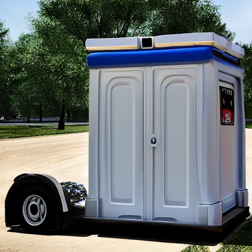 Prompt: a porta potty police car, photo realistic, award winning photography