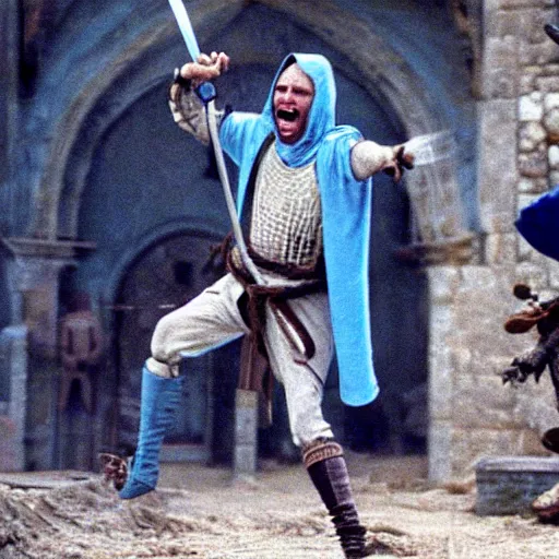 Prompt: a medieval man, with a light blue hood, kicking skeletons with swords, 1 9 9 1, movie still