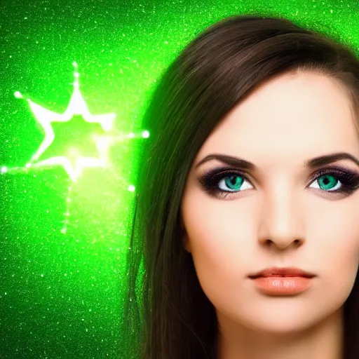 Image similar to Woman with stars for her eyes stars on glowing green background of the night sky