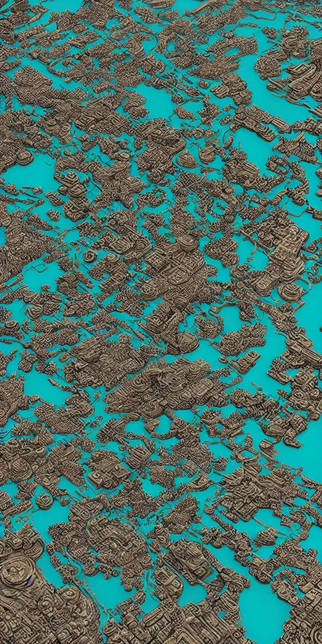 Image similar to an exquisite metallic 3 d map of a lost city of castles, black and teal, intricate, highly detailed, epic, marginalia, unreal engine