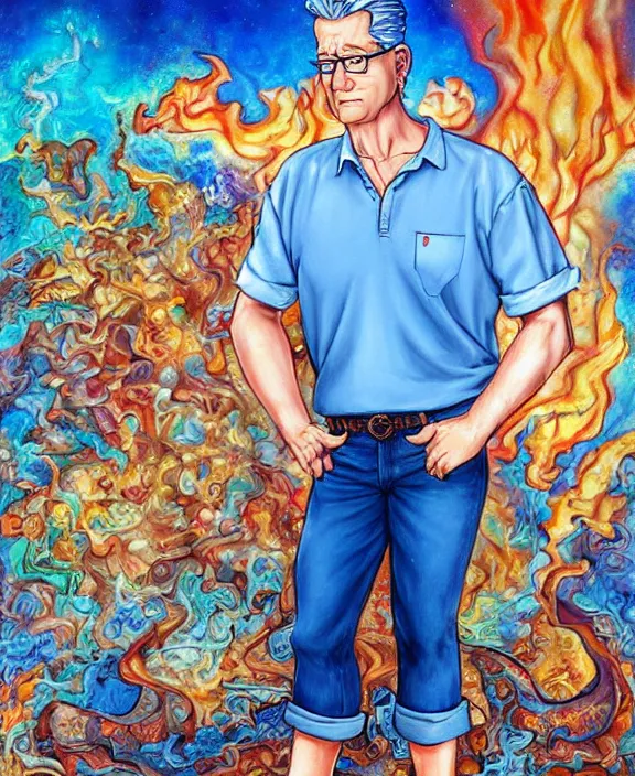 Image similar to normal hank hill wearing bluejeans and white tshirt, the god of propane, blue flames, propane tanks, magic realism, art by josephine wall, art by mike judge, art by huang guangjian, art by viktoria gavrilenko, art by amanda sage, trending on artstation