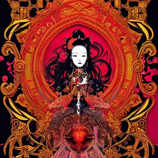 Image similar to jisoo + blackpink + elements + red + gold + neon + baroque + rococo + white + orange + ink + tarot card, ornate + by marc simonetti, paul pope, peter mohrbacher, detailed, intricate ink illustration + damask + award winning + 8 k