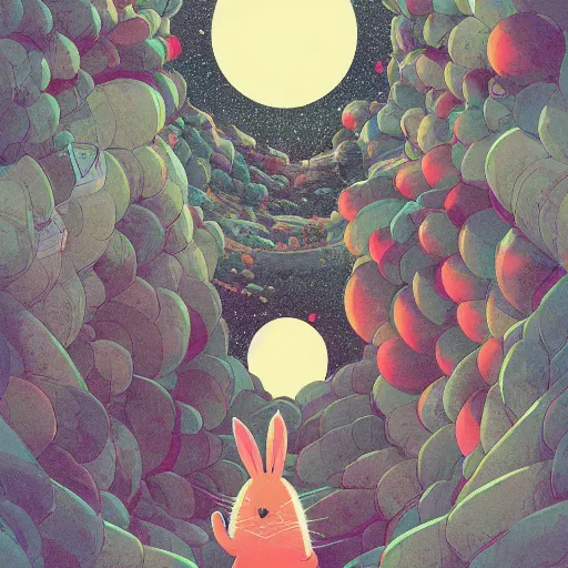 Image similar to A rabbit full of hope, looking for a black hole in an infinite time loop by Victo Ngai and Ghibli andlisk feng and atey ghailan
