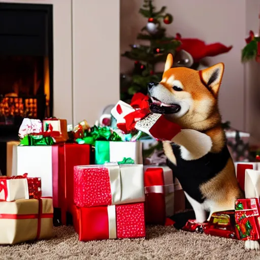 Prompt: an excited shiba inu dog unwrapping a pile of presents and gifts on the ground during christmas, warm themed