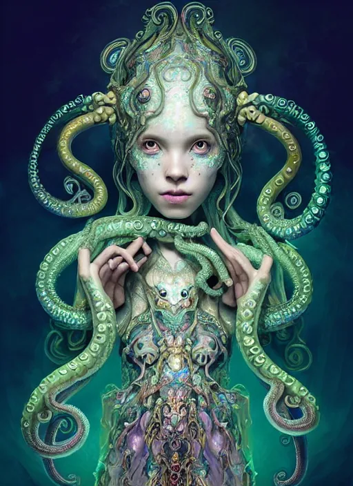 Image similar to A full shot of a cute magical monster Cryptid wearing an ornate dress made of opals and tentacles. Subsurface Scattering. Translucent Skin. Caustics. Prismatic light. defined facial features, symmetrical facial features. Opalescent surface. Soft Lighting. beautiful lighting. By Giger and Ruan Jia and Artgerm and WLOP and William-Adolphe Bouguereau and Loish and Lisa Frank. Sailor Moon. Masterpiece. trending on artstation, featured on pixiv, award winning, cinematic composition, dramatic pose, sharp, details, Hyper-detailed, HD, HDR, 4K, 8K.