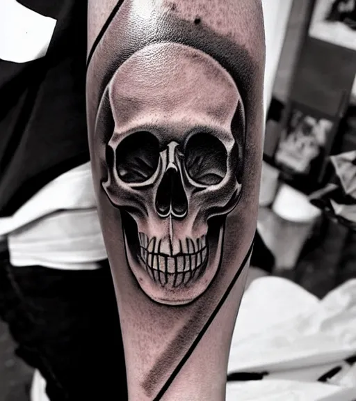Prompt: a tattoo design with a creative skull, in the style of den yakovlev, hyper realistic, black and white, realism, highly detailed
