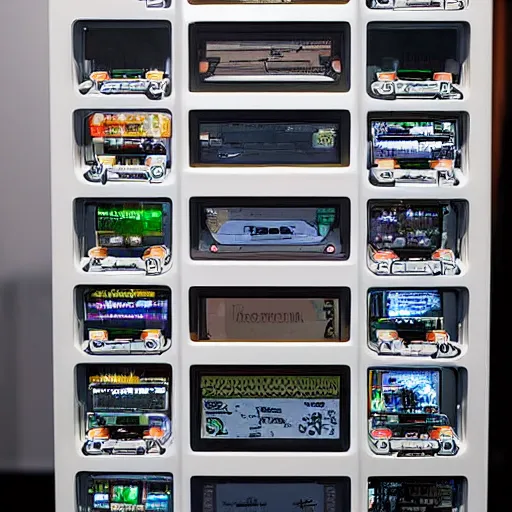 Image similar to Gameboy collection in a display case on a futuristic spaceship