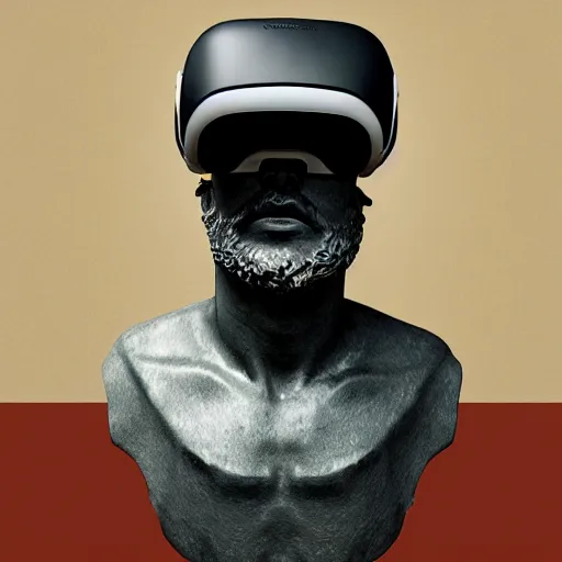 Prompt: a roman bust wearing virtual reality vaporwave