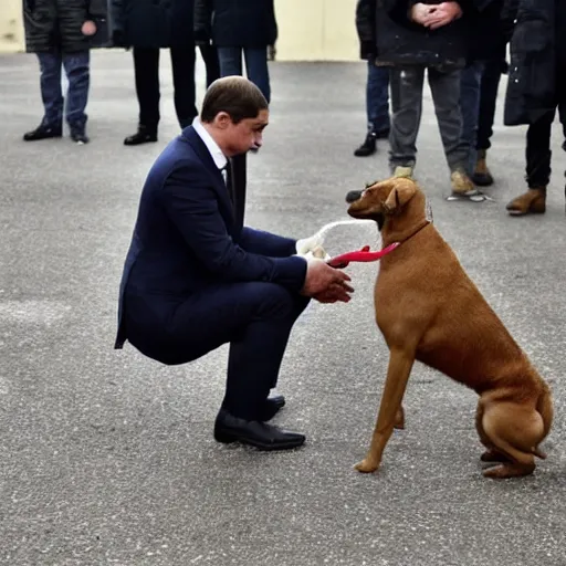 Image similar to Putin stay on knees like dog in cage and Zelenskiy feed him