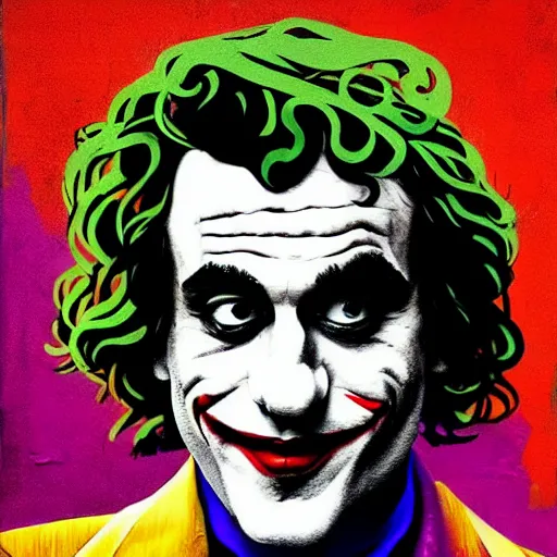 Image similar to ilya yefimovich repin and mimmo rottela and banksy as joaquin phoenix skinny joker, holding hand, lady gaga harley queen, ultra photorealistic, intricate details, pop art style, concept art, confident posse, random object details, 2 colours, warm color, 4 k, ultra smooth, sharp focus