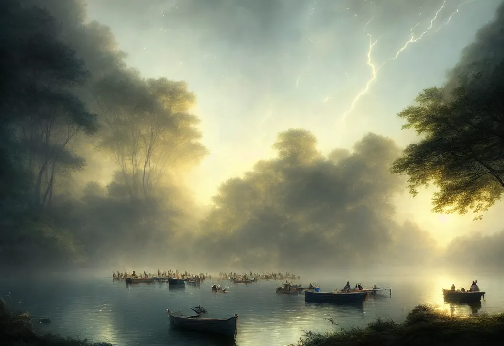 Prompt: lake surrounded by woodland with several small boats, town at the waters edge, epic blue sky, cinematic view, concept art, high detail, well lit, volumetric, godrays, vivid, trending on artstation, by jordan grimmer, art greg rutkowski