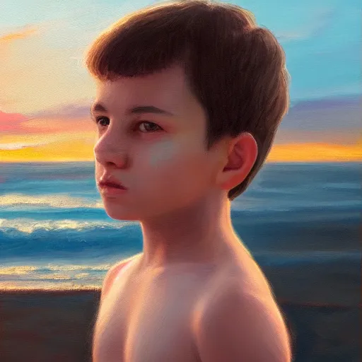 Prompt: an influencer boy portrait, sunset, ocean in distance, oil painting, pale colors, high detail, 8 k, wide angle, trending on artstation,