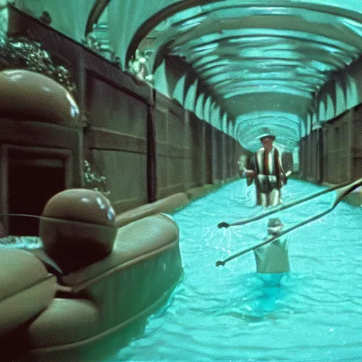 Image similar to grainy security cam footage still of Augustus Gloop in the chocolate river, movie still from Willy Wonka and his Chocolate Factory, extreme wide angle