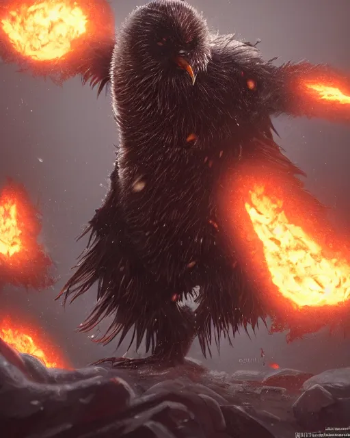 Image similar to oil painting of Angry Anthropomorphized Penguin Berserker, wearing fur armor, claws, sharp focus, attack pose, fantasy style, octane render, volumetric lighting, 8k high definition, by greg rutkowski, highly detailed, trending on art Station, magic the gathering artwork, burning Battlefield background, centered