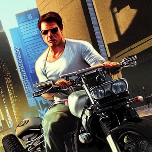 Image similar to “Tom Cruise in GTA V, cover art by Stephen Bliss, Boxart, loadscreen”