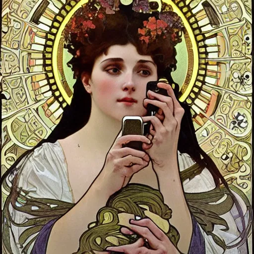 Prompt: a beautiful portrait of a woman hypnotially entranced by her iphone. highly detailed face. art by alphonse mucha and alphonse mucha and alfons mucha