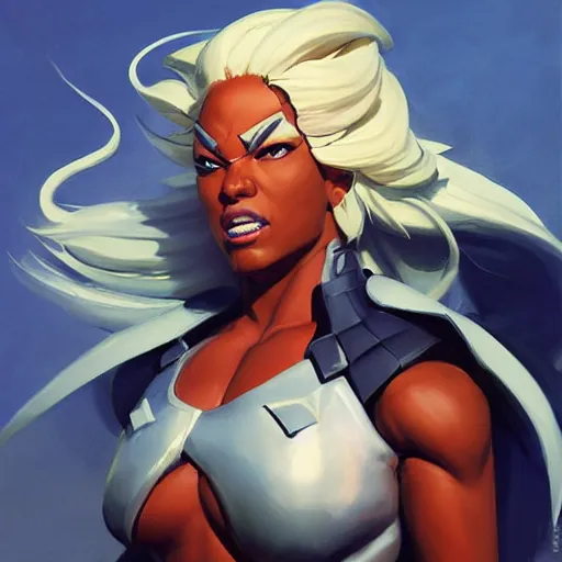 Image similar to greg manchess portrait painting of partially armored ororo munroe alias storm as overwatch character, medium shot, asymmetrical, profile picture, organic painting, sunny day, matte painting, bold shapes, hard edges, street art, trending on artstation, by huang guangjian and gil elvgren and sachin teng