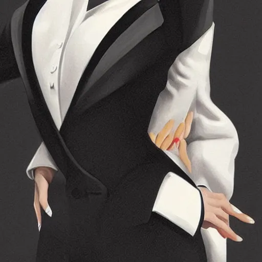 Image similar to slim girl in tuxedo with short black hair, elegant, 2d, ultra highly detailed, digital painting, smooth, sharp focus, artstation, art by Ilya Kuvshinov