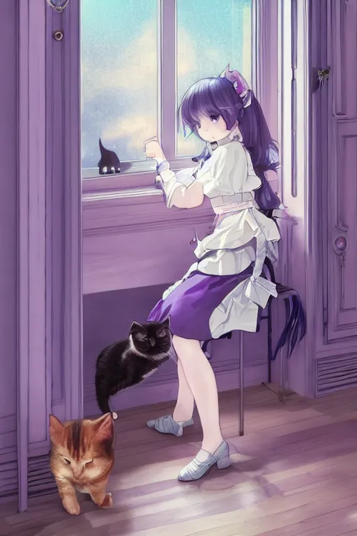 Image similar to a girl playing with a cat A comfortable study room at night,purple and blue theme,,S line,hard edges,jk uniform ,Hairdryer by mucha and krenz cushart and range murata