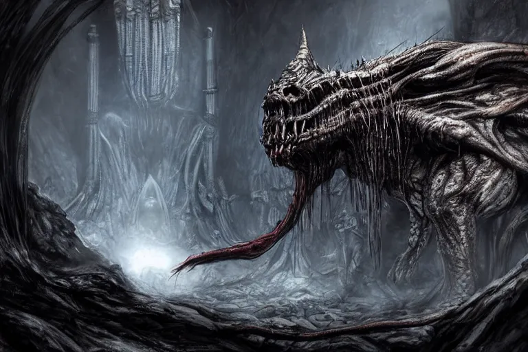 Image similar to a photorealistic balrog lurking in moria, style of h. r. giger, many columns, photorealistic mines of moria from the lord of the rings in the style of h. r. giger, directed by ridley scott, dark, cinematic, highly detailed, photorealistic