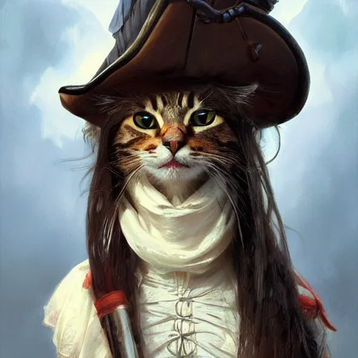 Image similar to Portrait of a Cat as a Pirate, photo, highly detailed oil painting, photorealistic, highly detailed, digital painting, artstation, concept art, smooth, sharp focus, illustration, art by artgerm and greg rutkowski and alphonse mucha