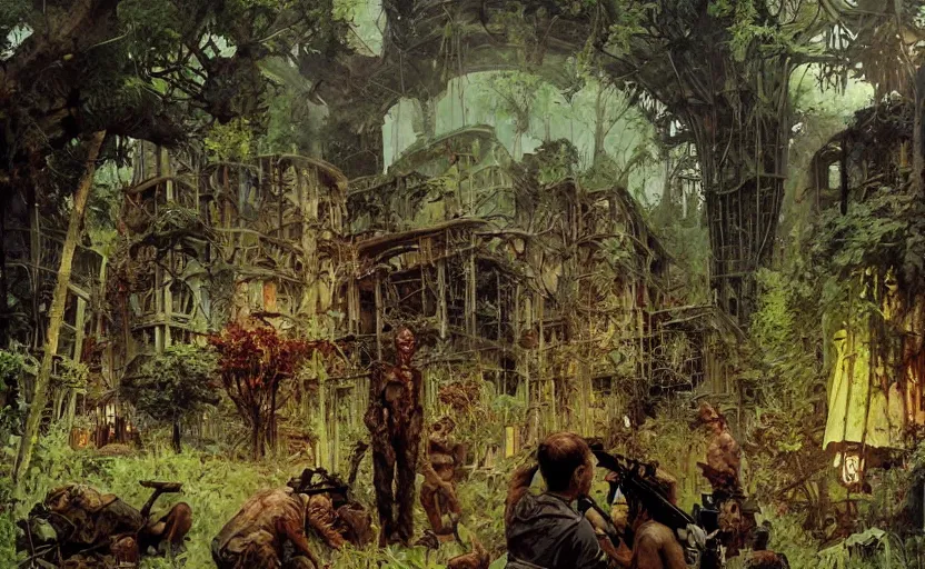 Image similar to abandoned alien building ruins overgrown with nature and zombies. highly detailed science fiction painting by norman rockwell, frank frazetta, and syd mead. rich colors, high contrast, gloomy atmosphere, dark background. trending on artstation